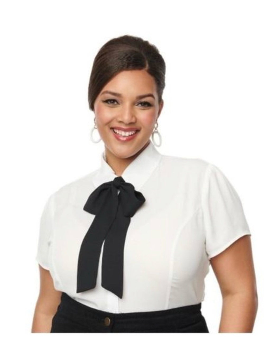 Smak Parlour Women's White Bow Collared Short Sleeve Power Play Blouse 2X